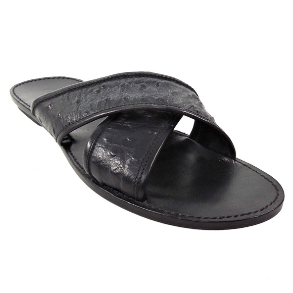 GOODMAN ?? BLACK REAL  OSTRICH LEATHER COMFORT FLAT SUMMER SANDALS